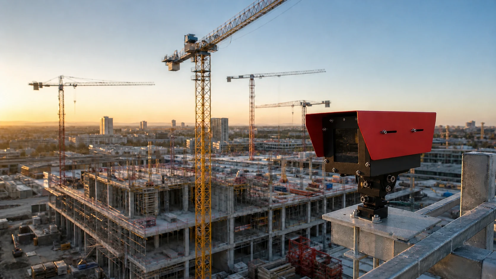 Autonomous construction time-lapse camera with solar power and 4G connectivity overlooking an active building site